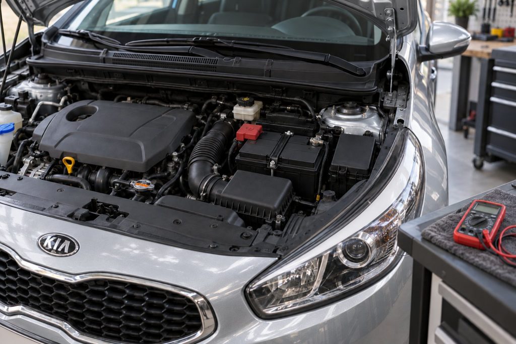 Аккумулятор под капотом серебристого Kia Ceed JD