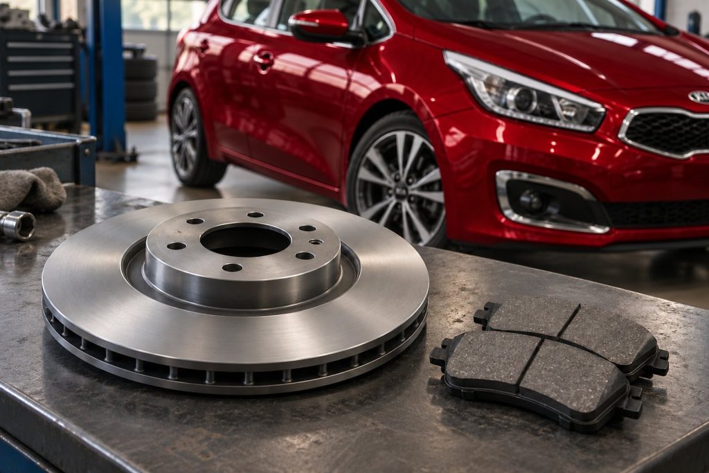 Тормозной диск и колодки на фоне красного Kia Ceed JD