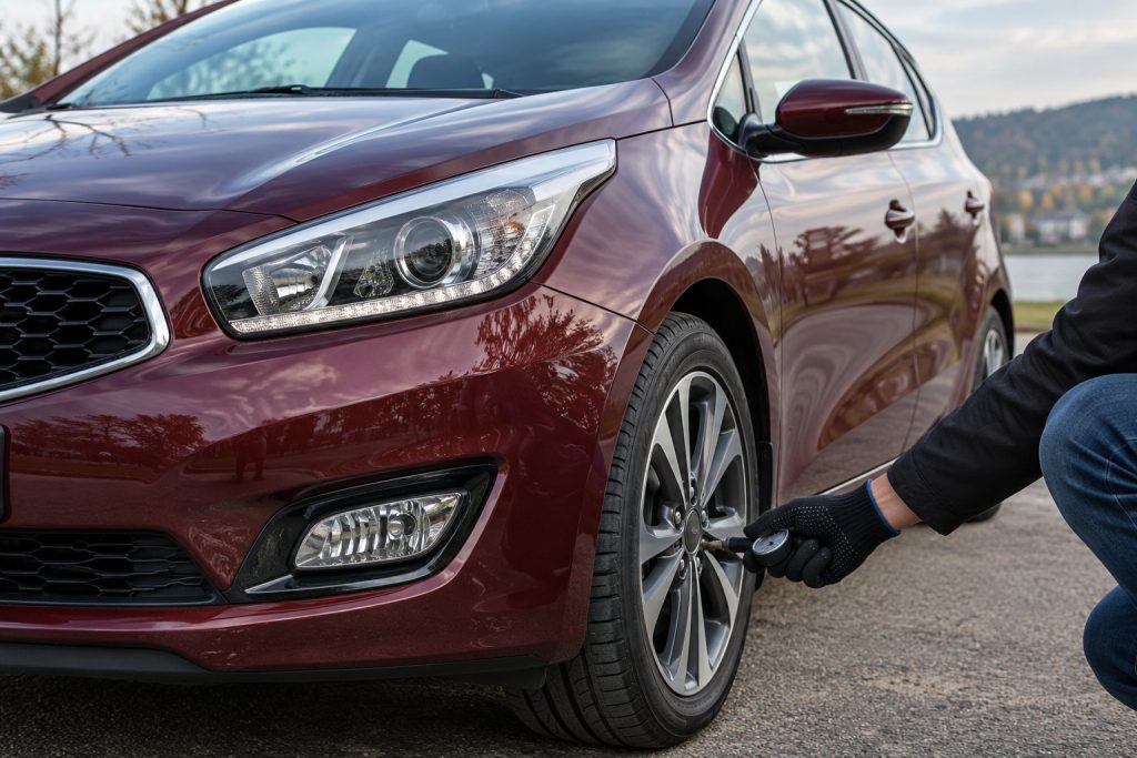 Проверка давления в шине бордового Kia Ceed JD