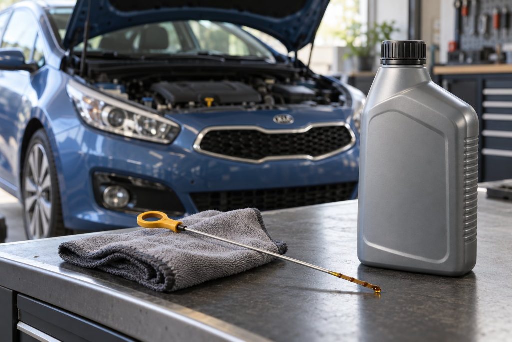 Моторное масло и щуп на фоне Kia Ceed JD