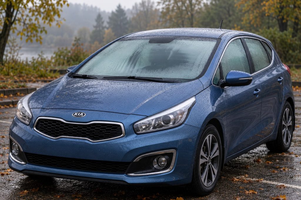 Синий Kia Ceed JD с запотевшими стёклами на осенней парковке