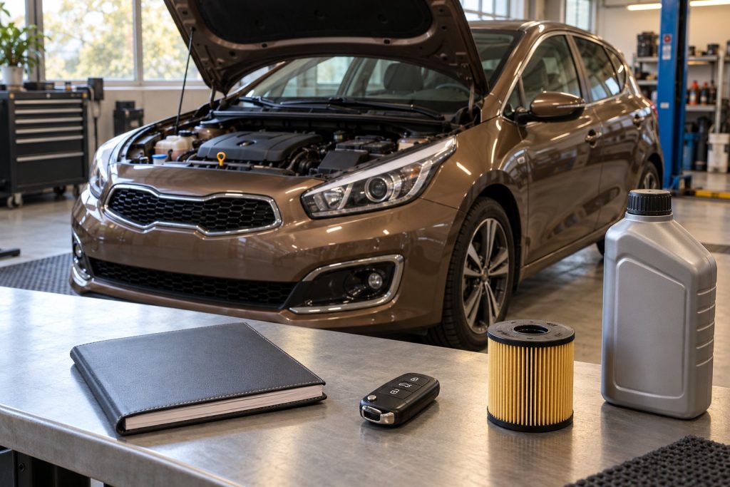 Расходные материалы и сервисная книжка на фоне бронзового Kia Ceed JD