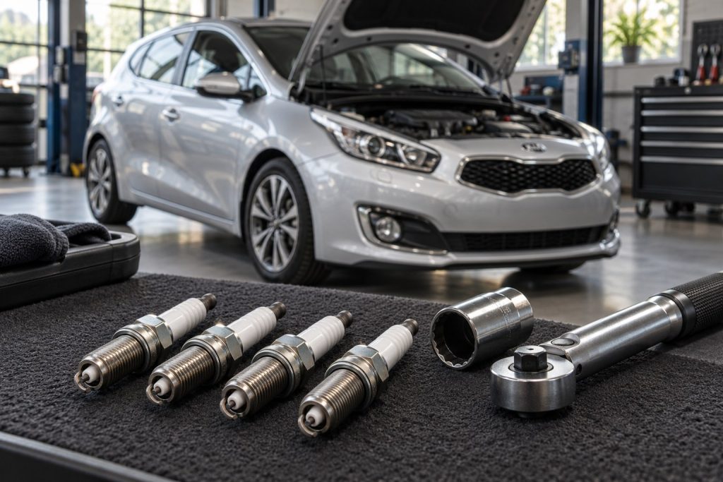 Четыре свечи зажигания и инструмент на фоне серебристого Kia Ceed JD
